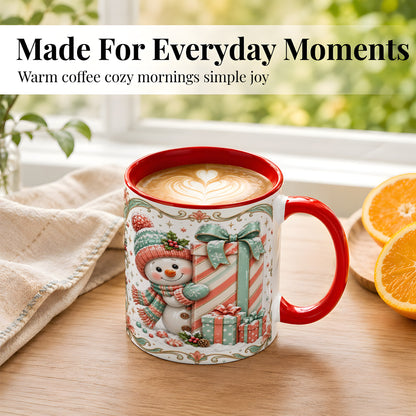 #pl[11oz|Red] Snowman Present Coffee Mug, Christmas Holiday Snowman Mug, Ceramic Cup