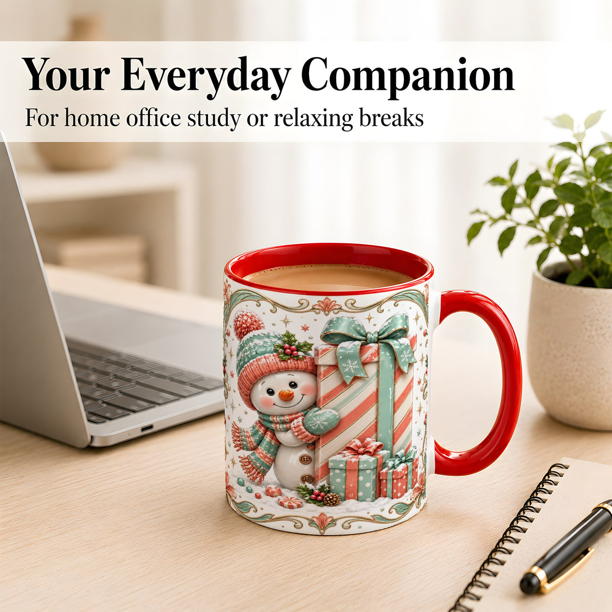 #pl[11oz|Red] Snowman Present Coffee Mug, Christmas Holiday Snowman Mug, Ceramic Cup