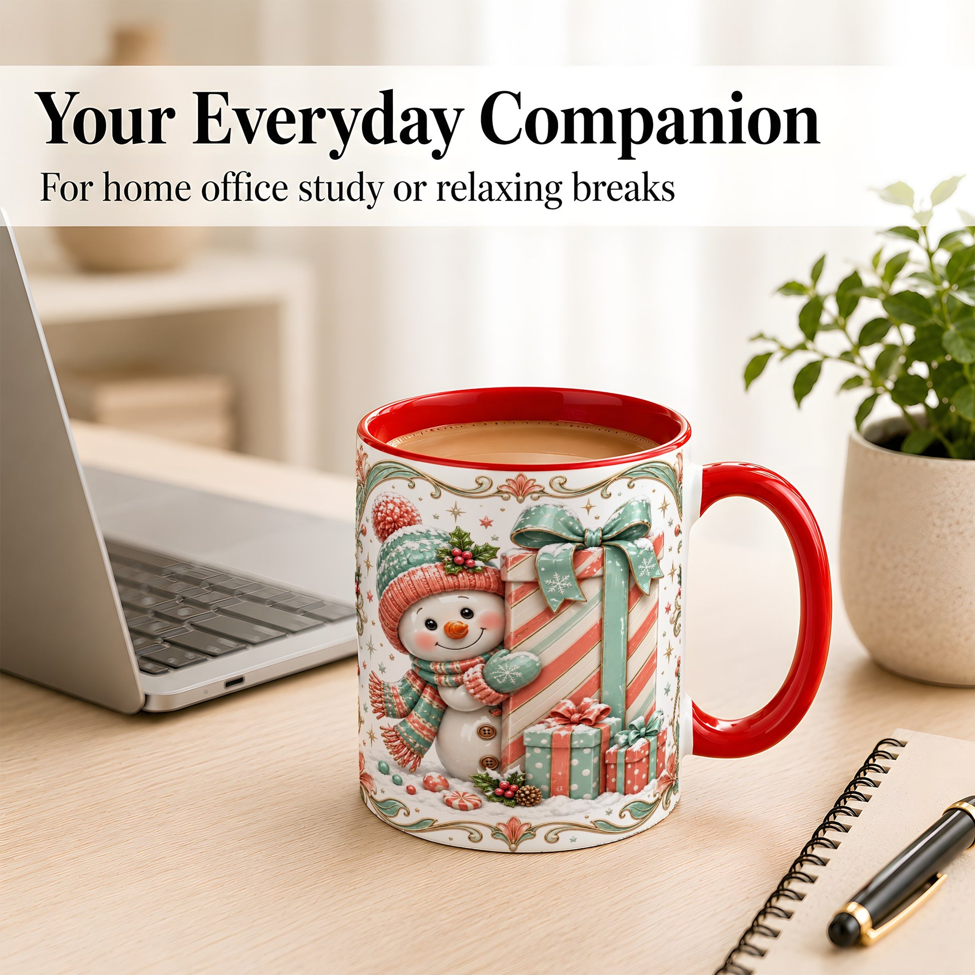 #pl[11oz|Red] Snowman Present Coffee Mug, Christmas Holiday Snowman Mug, Ceramic Cup