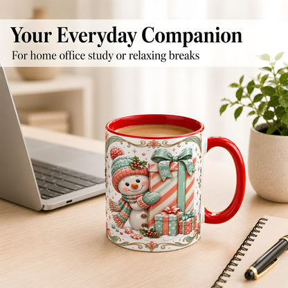 #pl[11oz|Red] Snowman Present Coffee Mug, Christmas Holiday Snowman Mug, Ceramic Cup