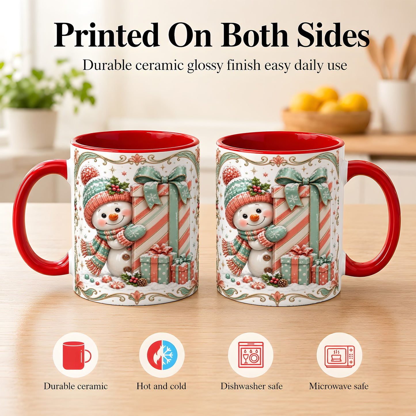 #pl[11oz|Red] Snowman Present Coffee Mug, Christmas Holiday Snowman Mug, Ceramic Cup
