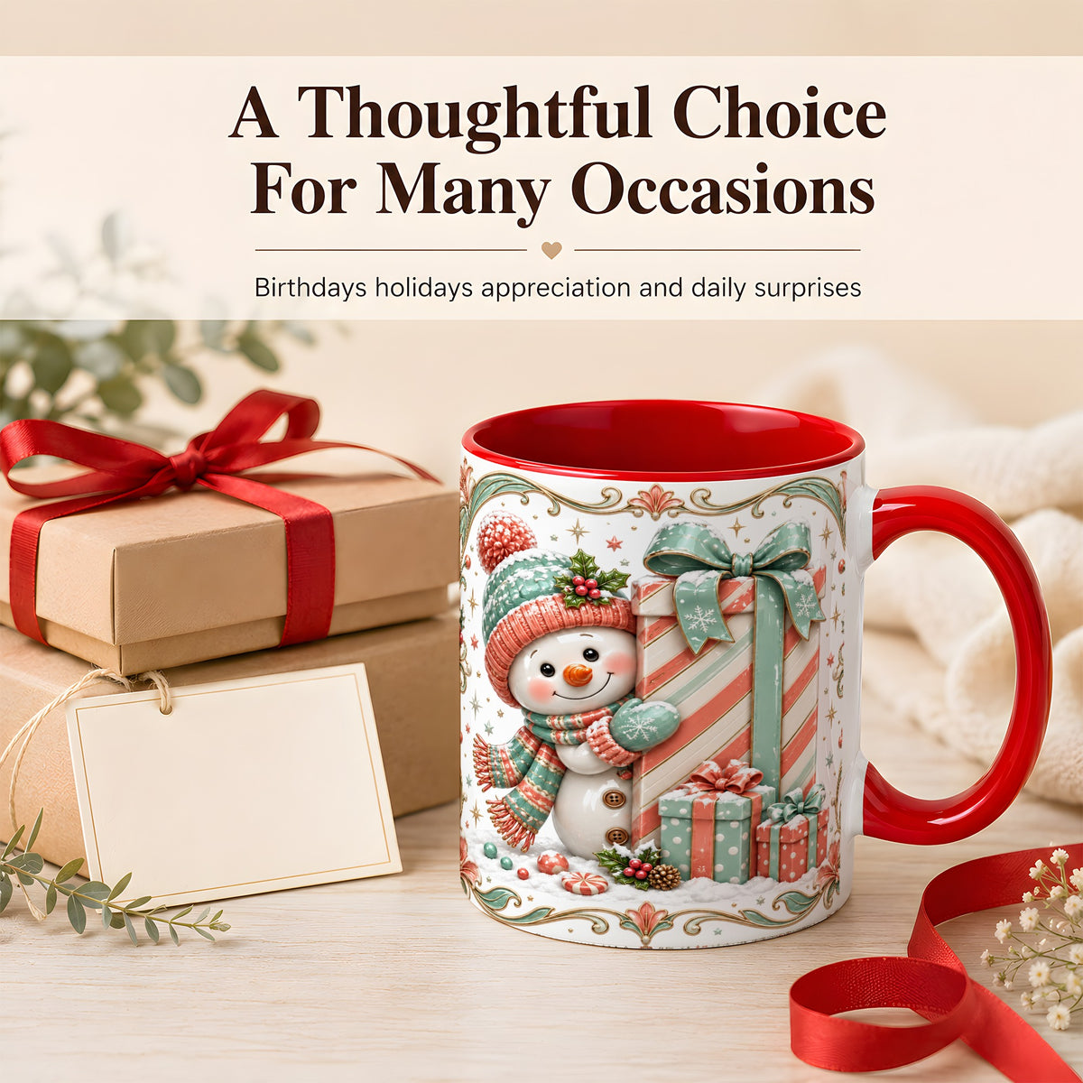 #pl[11oz|Red] Snowman Present Coffee Mug, Christmas Holiday Snowman Mug, Ceramic Cup