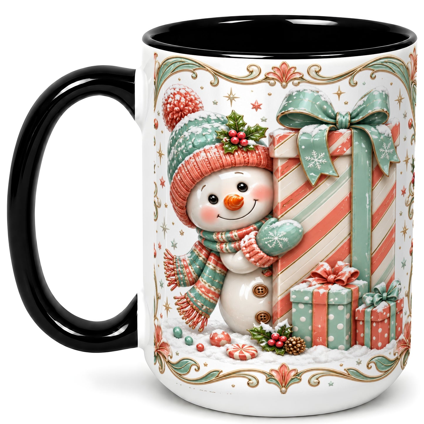 #pl[15oz|Black] Snowman Present Coffee Mug, Christmas Holiday Snowman Mug, Ceramic Cup