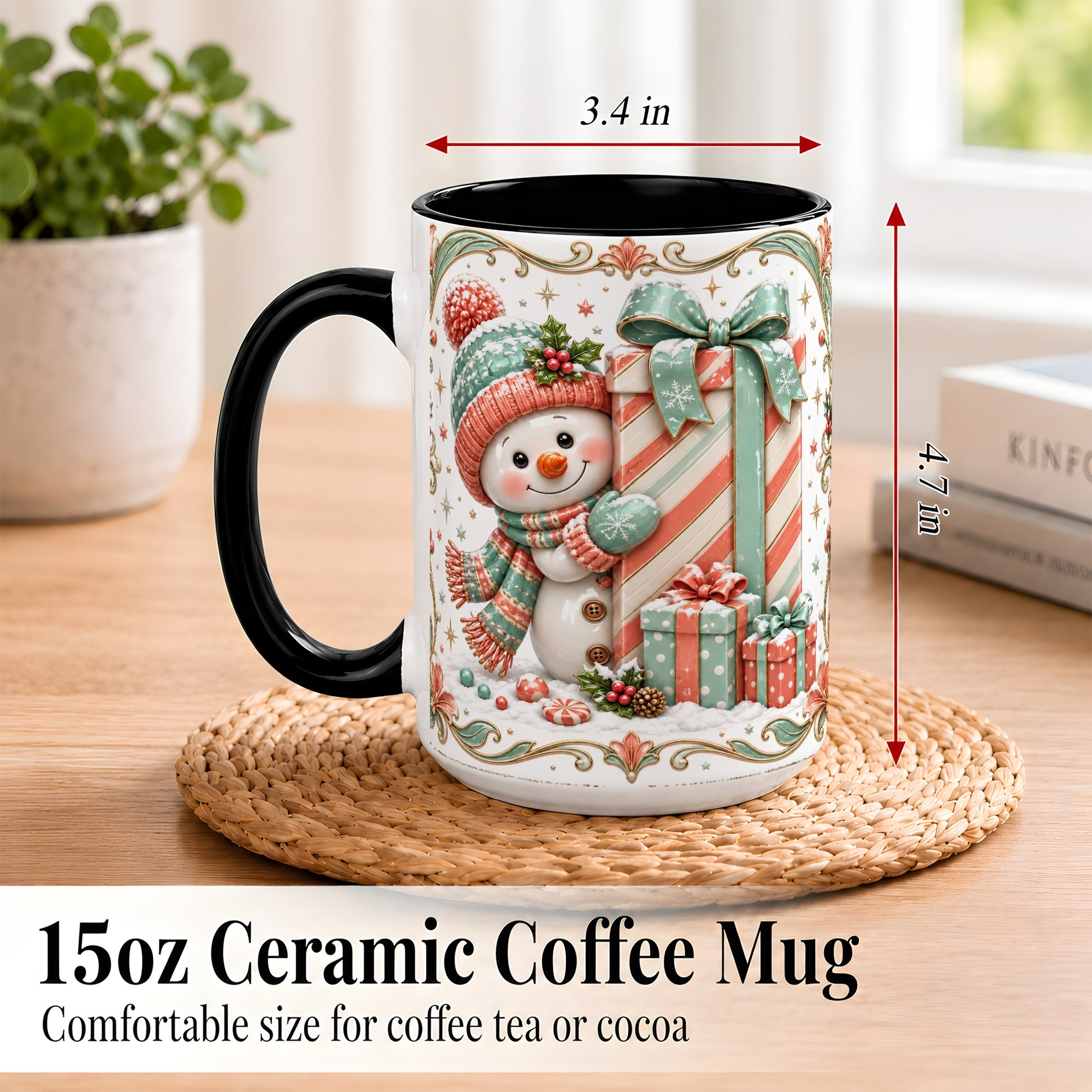 #pl[15oz|Black] Snowman Present Coffee Mug, Christmas Holiday Snowman Mug, Ceramic Cup