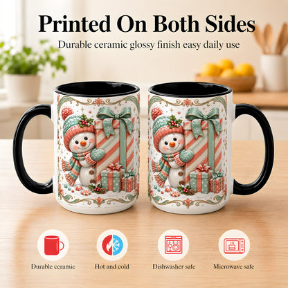 #pl[15oz|Black] Snowman Present Coffee Mug, Christmas Holiday Snowman Mug, Ceramic Cup