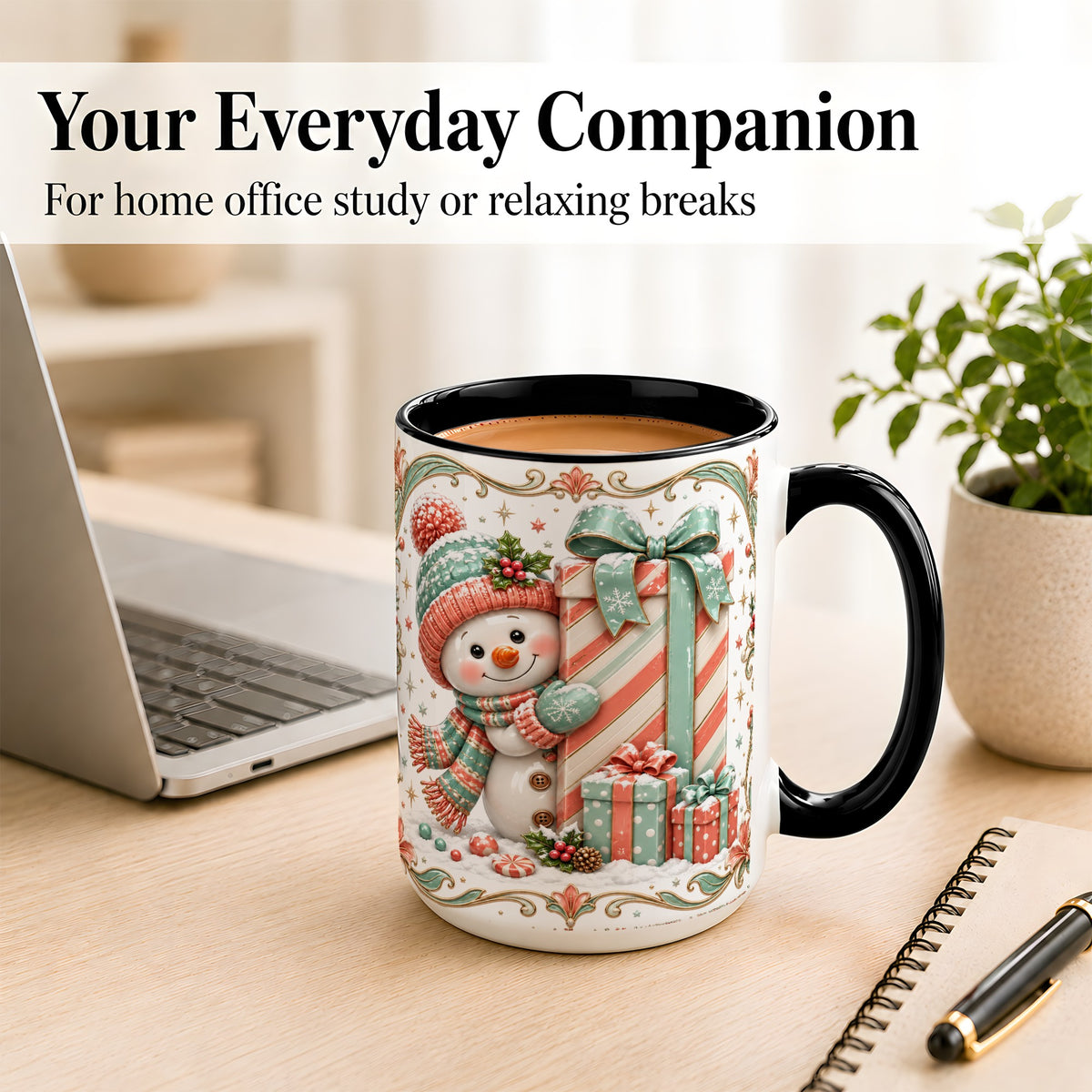#pl[15oz|Black] Snowman Present Coffee Mug, Christmas Holiday Snowman Mug, Ceramic Cup