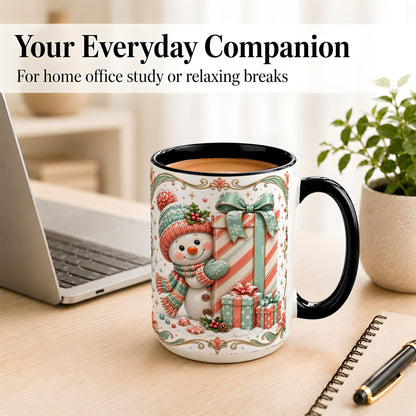 #pl[15oz|Black] Snowman Present Coffee Mug, Christmas Holiday Snowman Mug, Ceramic Cup