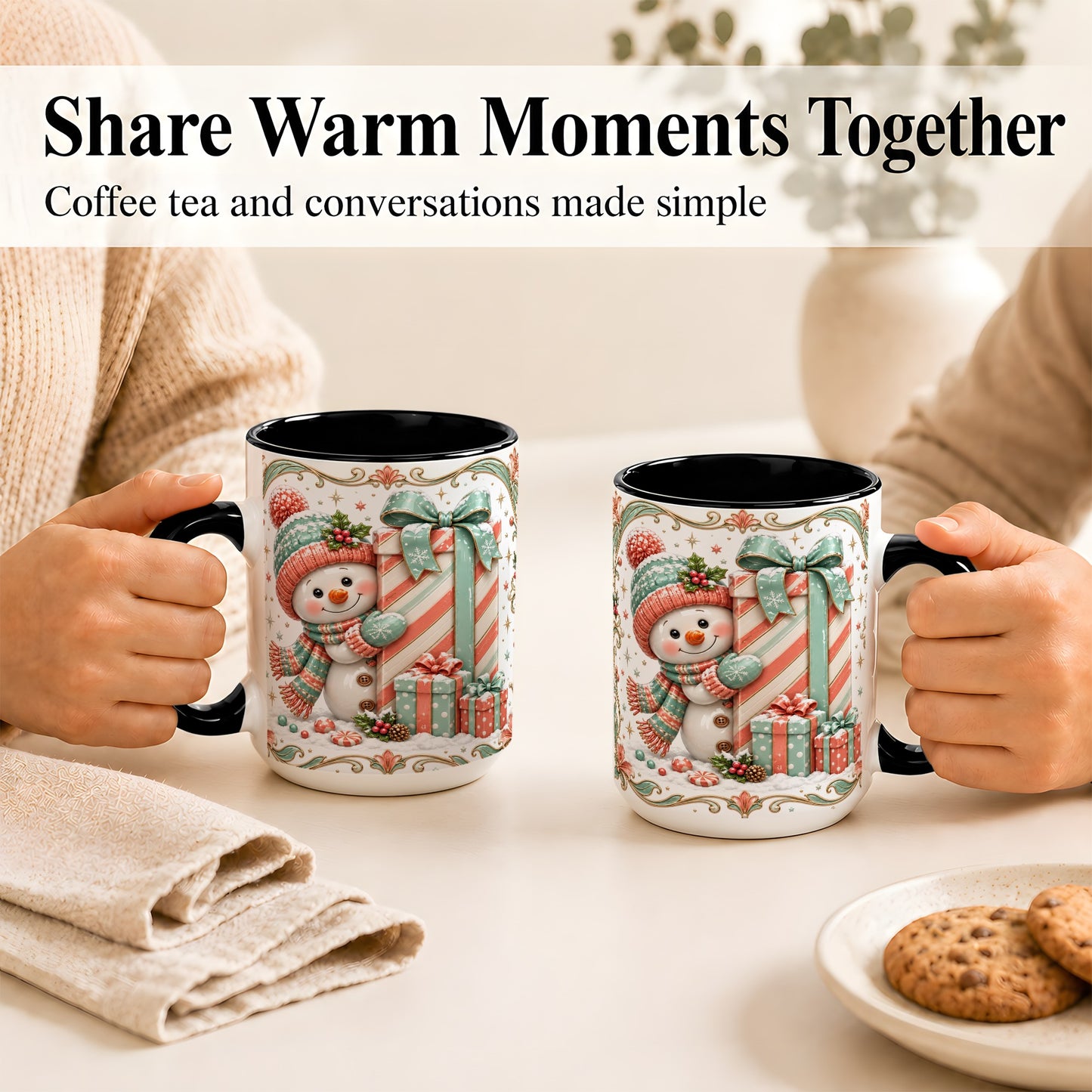 #pl[15oz|Black] Snowman Present Coffee Mug, Christmas Holiday Snowman Mug, Ceramic Cup