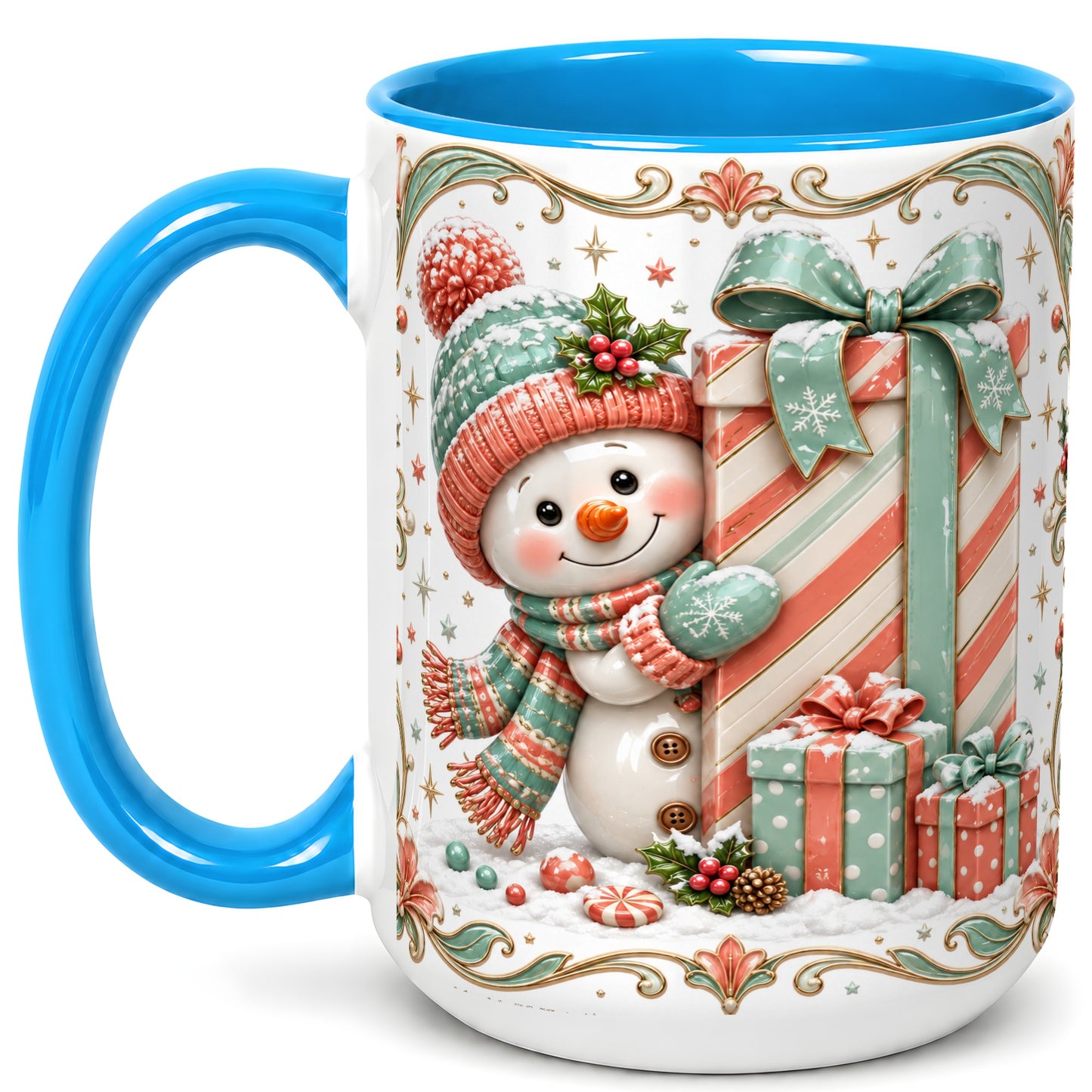 #pl[15oz|Blue] Snowman Present Coffee Mug, Christmas Holiday Snowman Mug, Ceramic Cup