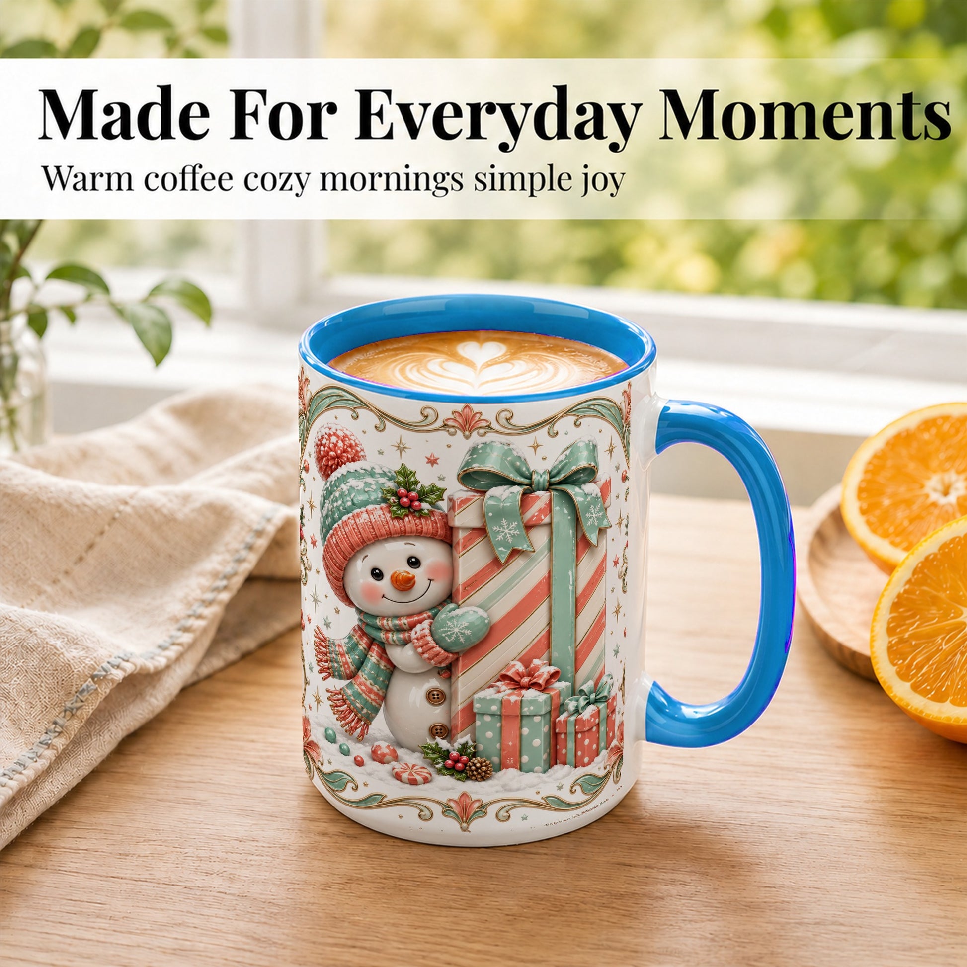 #pl[15oz|Blue] Snowman Present Coffee Mug, Christmas Holiday Snowman Mug, Ceramic Cup