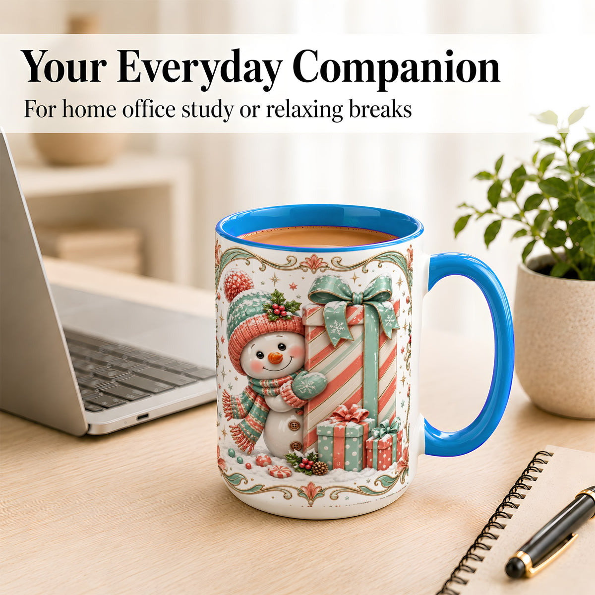 #pl[15oz|Blue] Snowman Present Coffee Mug, Christmas Holiday Snowman Mug, Ceramic Cup