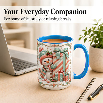 #pl[15oz|Blue] Snowman Present Coffee Mug, Christmas Holiday Snowman Mug, Ceramic Cup