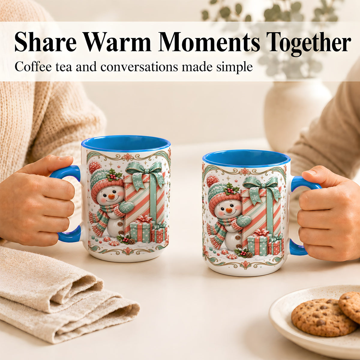 #pl[15oz|Blue] Snowman Present Coffee Mug, Christmas Holiday Snowman Mug, Ceramic Cup