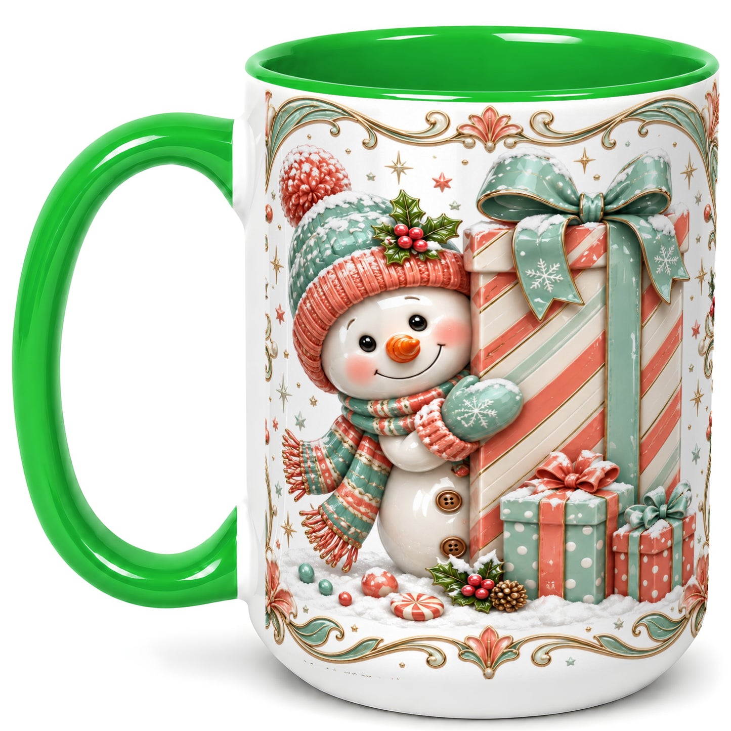 #pl[15oz|Green] Snowman Present Coffee Mug, Christmas Holiday Snowman Mug, Ceramic Cup