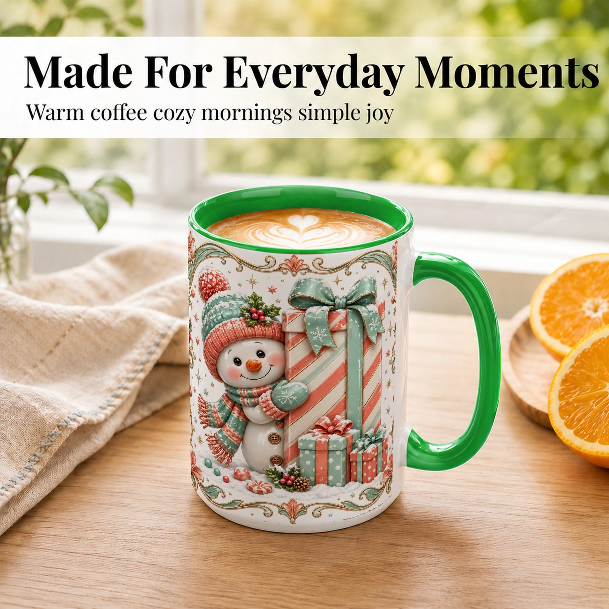 #pl[15oz|Green] Snowman Present Coffee Mug, Christmas Holiday Snowman Mug, Ceramic Cup