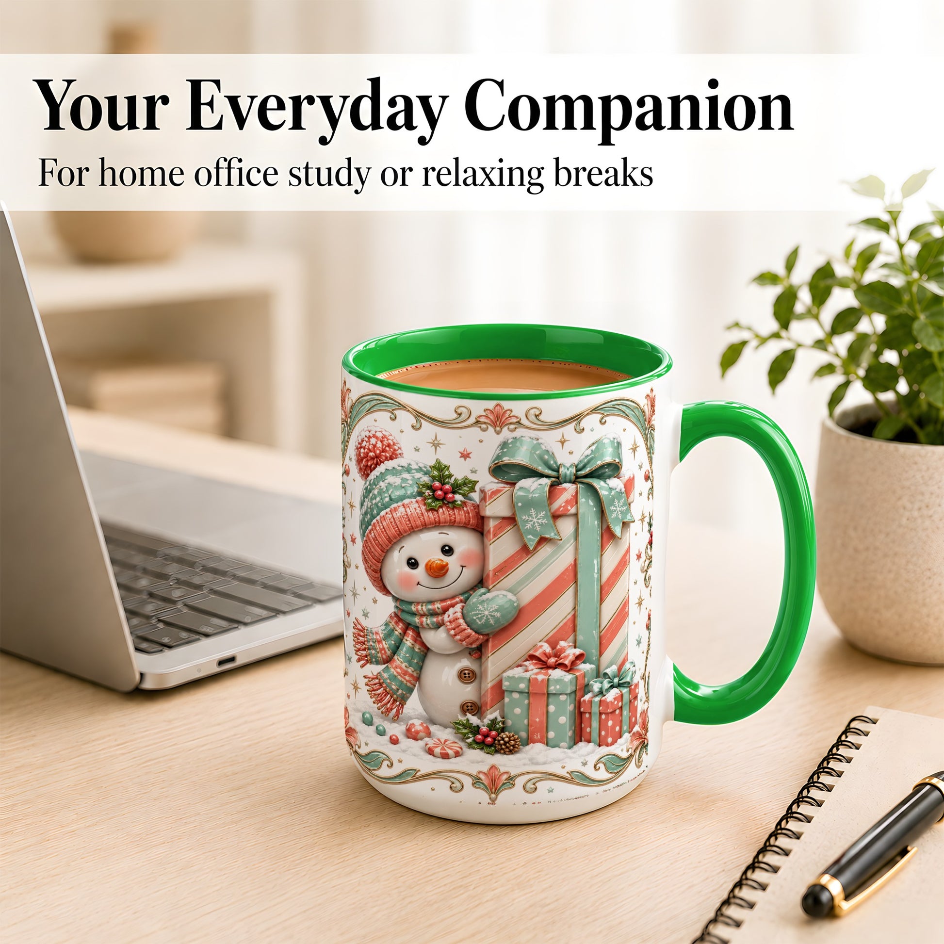 #pl[15oz|Green] Snowman Present Coffee Mug, Christmas Holiday Snowman Mug, Ceramic Cup