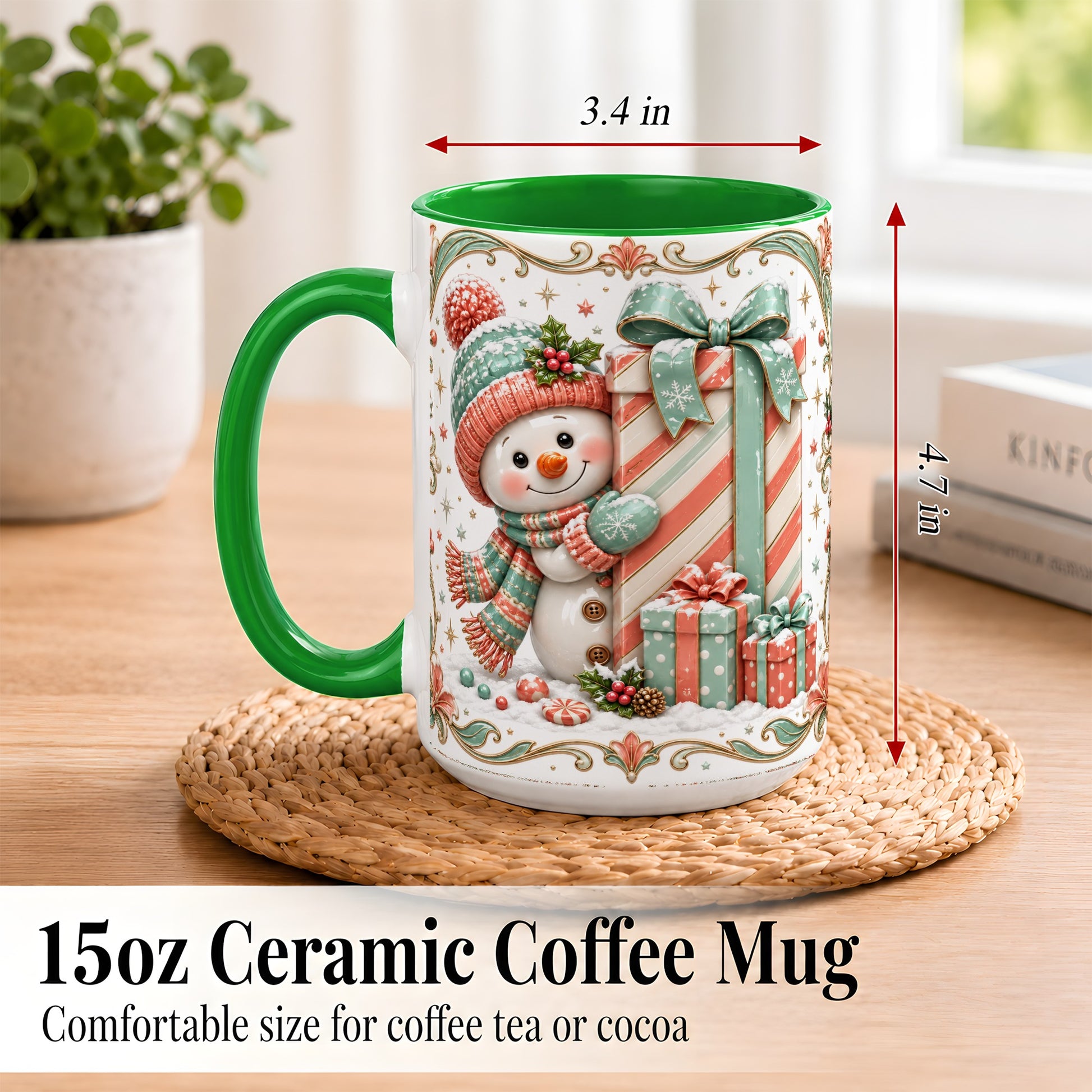 #pl[15oz|Green] Snowman Present Coffee Mug, Christmas Holiday Snowman Mug, Ceramic Cup