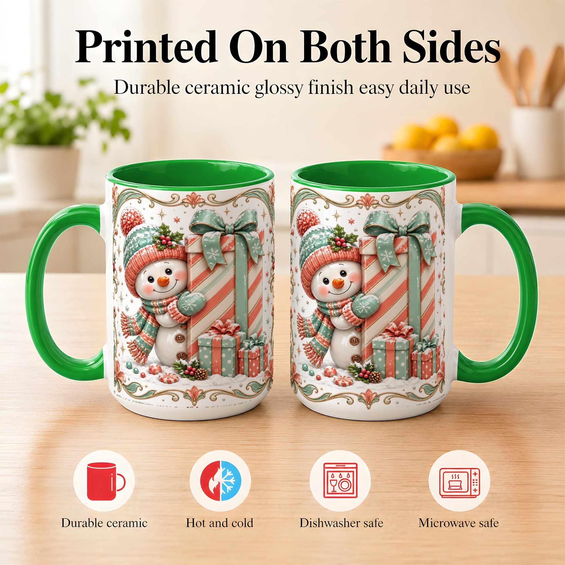 #pl[15oz|Green] Snowman Present Coffee Mug, Christmas Holiday Snowman Mug, Ceramic Cup