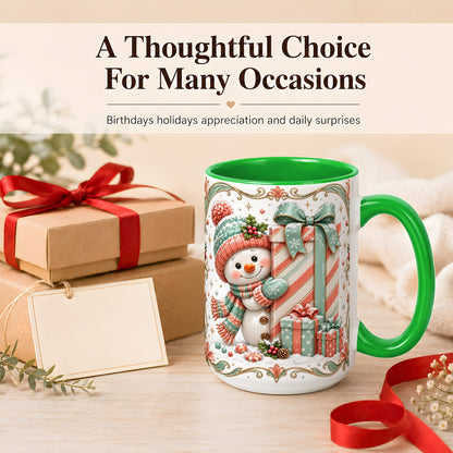 #pl[15oz|Green] Snowman Present Coffee Mug, Christmas Holiday Snowman Mug, Ceramic Cup