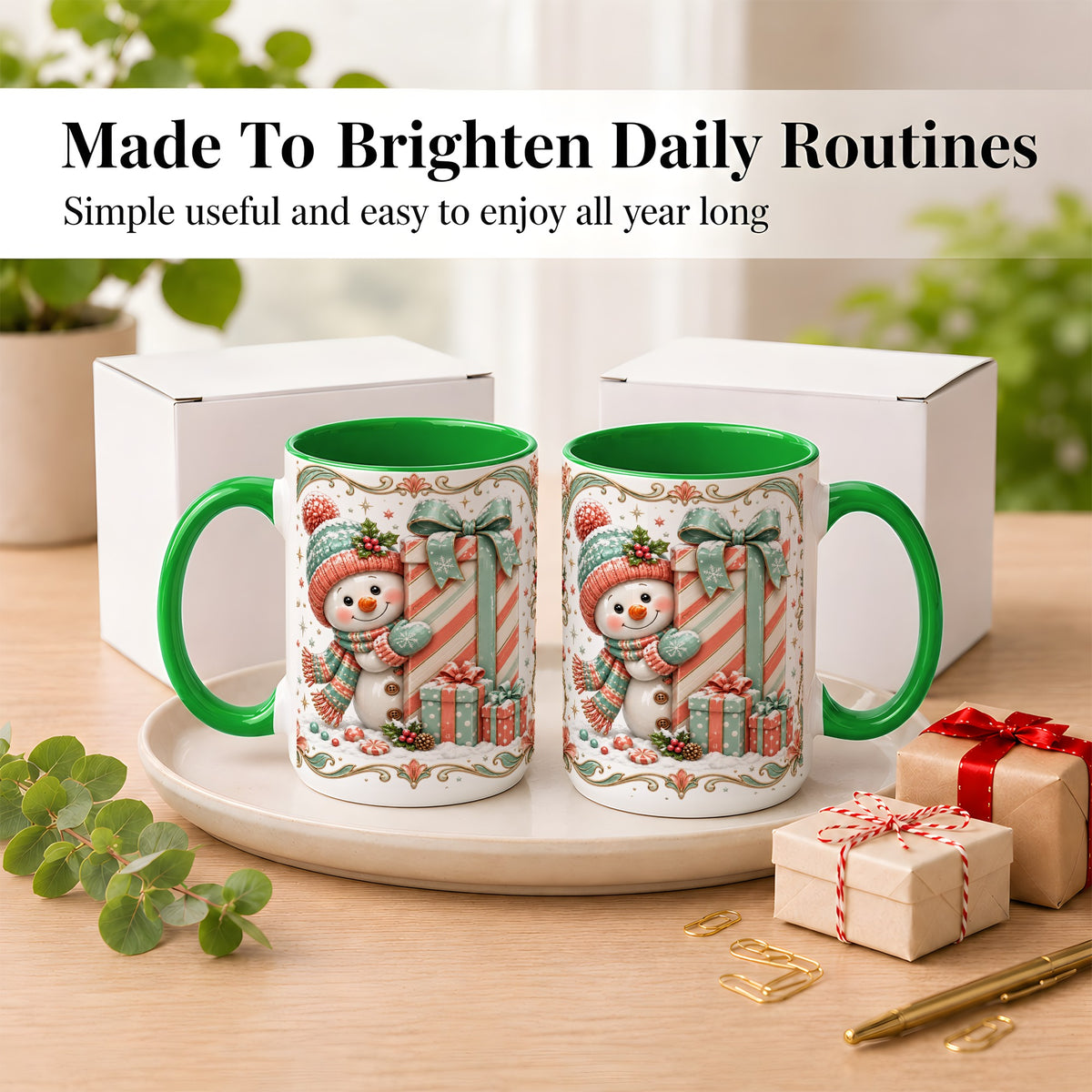 #pl[15oz|Green] Snowman Present Coffee Mug, Christmas Holiday Snowman Mug, Ceramic Cup