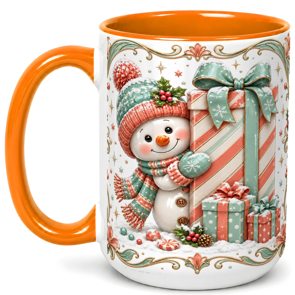 #pl[15oz|Orange] Snowman Present Coffee Mug, Christmas Holiday Snowman Mug, Ceramic Cup