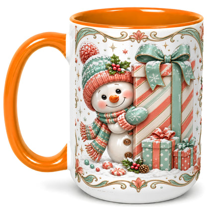 #pl[15oz|Orange] Snowman Present Coffee Mug, Christmas Holiday Snowman Mug, Ceramic Cup