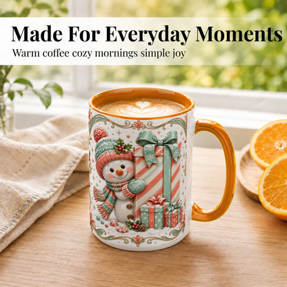 #pl[15oz|Orange] Snowman Present Coffee Mug, Christmas Holiday Snowman Mug, Ceramic Cup
