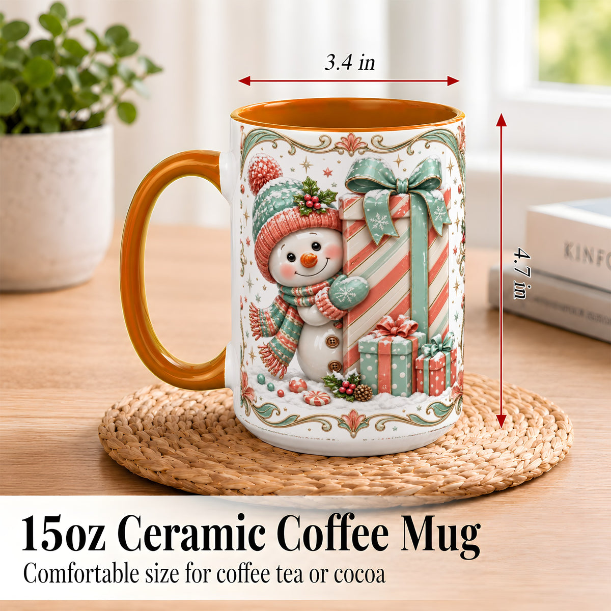 #pl[15oz|Orange] Snowman Present Coffee Mug, Christmas Holiday Snowman Mug, Ceramic Cup