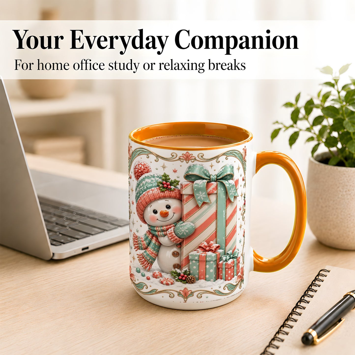 #pl[15oz|Orange] Snowman Present Coffee Mug, Christmas Holiday Snowman Mug, Ceramic Cup