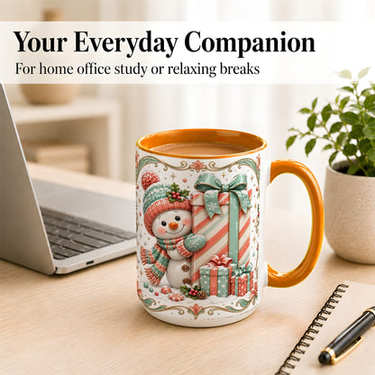 #pl[15oz|Orange] Snowman Present Coffee Mug, Christmas Holiday Snowman Mug, Ceramic Cup