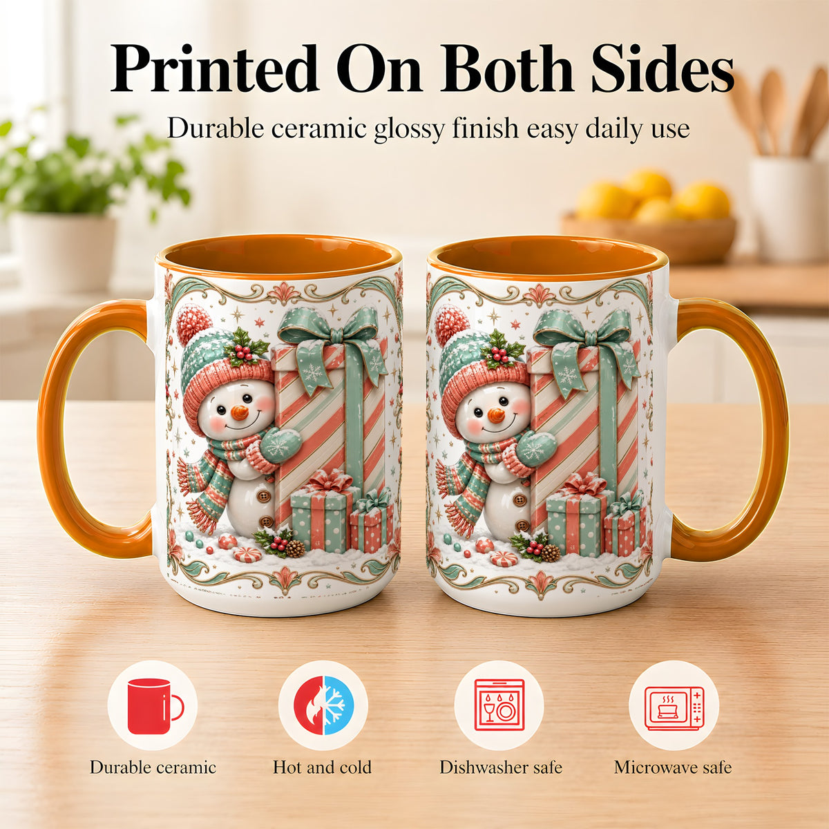 #pl[15oz|Orange] Snowman Present Coffee Mug, Christmas Holiday Snowman Mug, Ceramic Cup