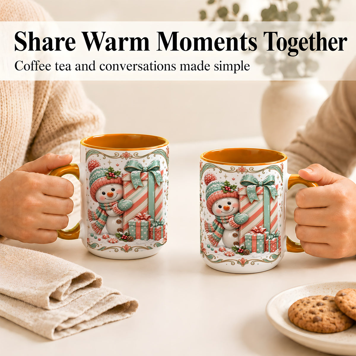 #pl[15oz|Orange] Snowman Present Coffee Mug, Christmas Holiday Snowman Mug, Ceramic Cup