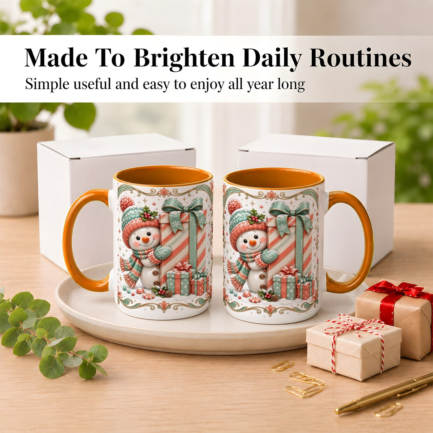 #pl[15oz|Orange] Snowman Present Coffee Mug, Christmas Holiday Snowman Mug, Ceramic Cup