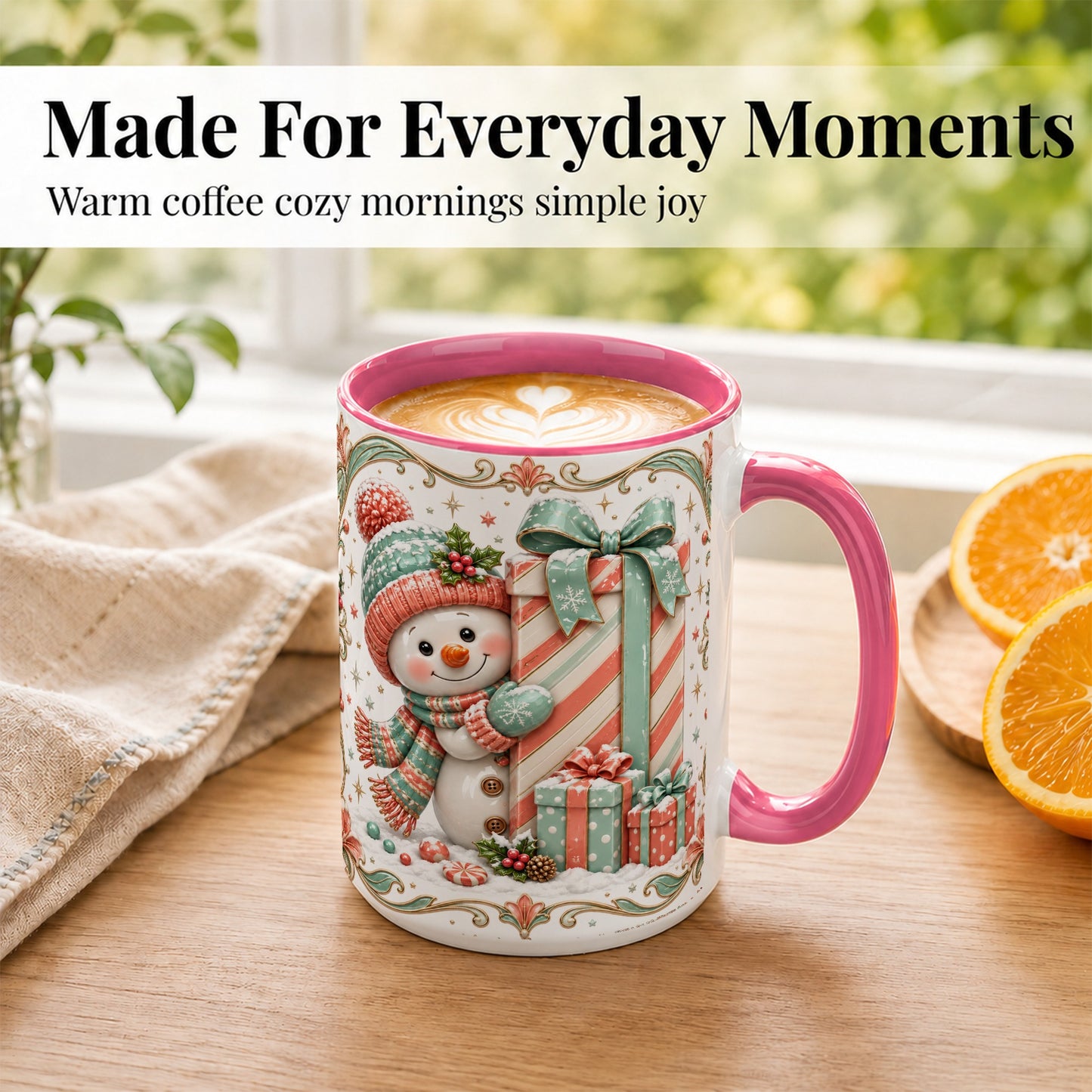 #pl[15oz|Pink] Snowman Present Coffee Mug, Christmas Holiday Snowman Mug, Ceramic Cup