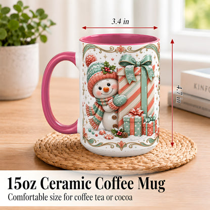 #pl[15oz|Pink] Snowman Present Coffee Mug, Christmas Holiday Snowman Mug, Ceramic Cup