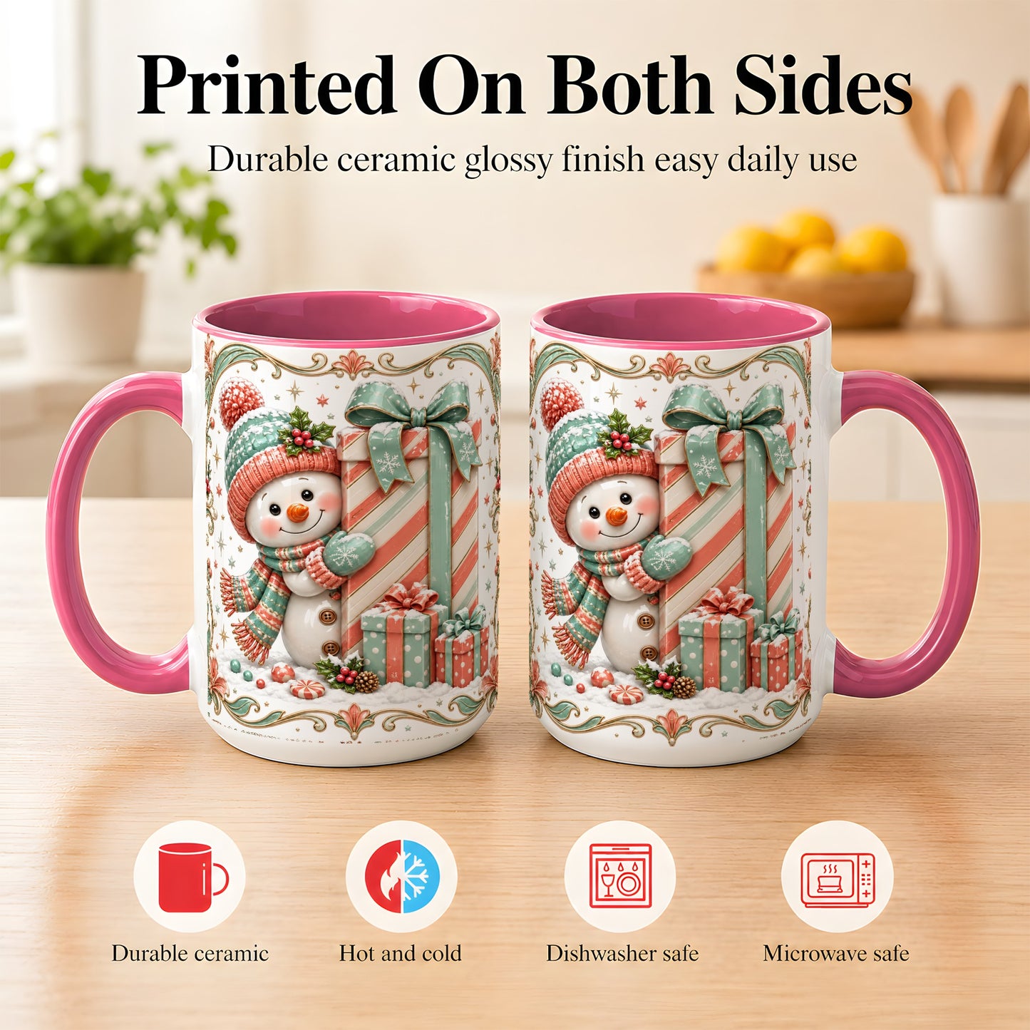 #pl[15oz|Pink] Snowman Present Coffee Mug, Christmas Holiday Snowman Mug, Ceramic Cup