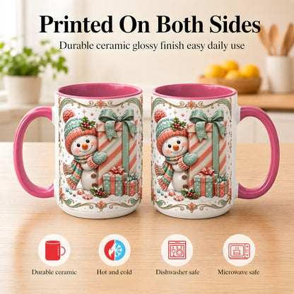 #pl[15oz|Pink] Snowman Present Coffee Mug, Christmas Holiday Snowman Mug, Ceramic Cup