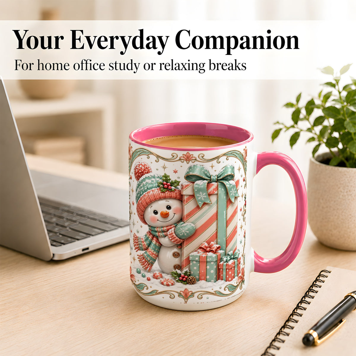 #pl[15oz|Pink] Snowman Present Coffee Mug, Christmas Holiday Snowman Mug, Ceramic Cup