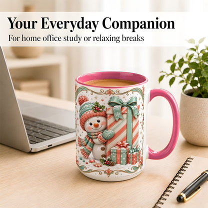 #pl[15oz|Pink] Snowman Present Coffee Mug, Christmas Holiday Snowman Mug, Ceramic Cup