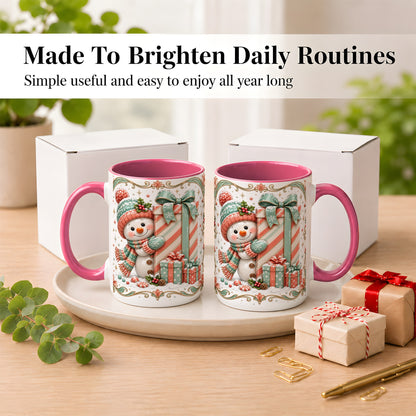 #pl[15oz|Pink] Snowman Present Coffee Mug, Christmas Holiday Snowman Mug, Ceramic Cup
