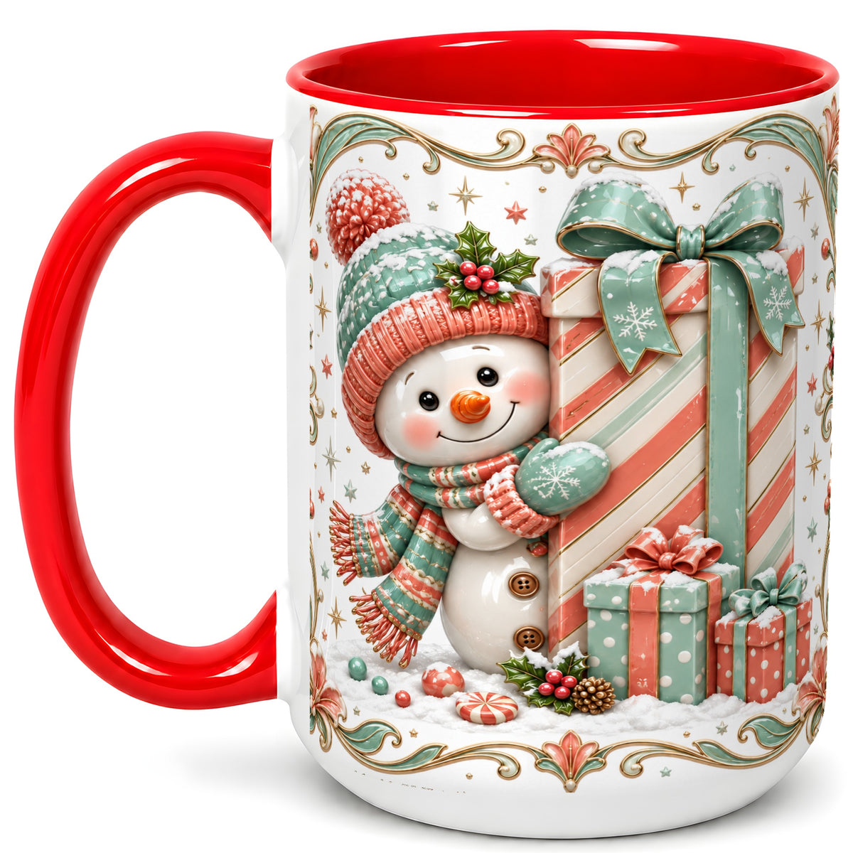 #pl[15oz|Red] Snowman Present Coffee Mug, Christmas Holiday Snowman Mug, Ceramic Cup