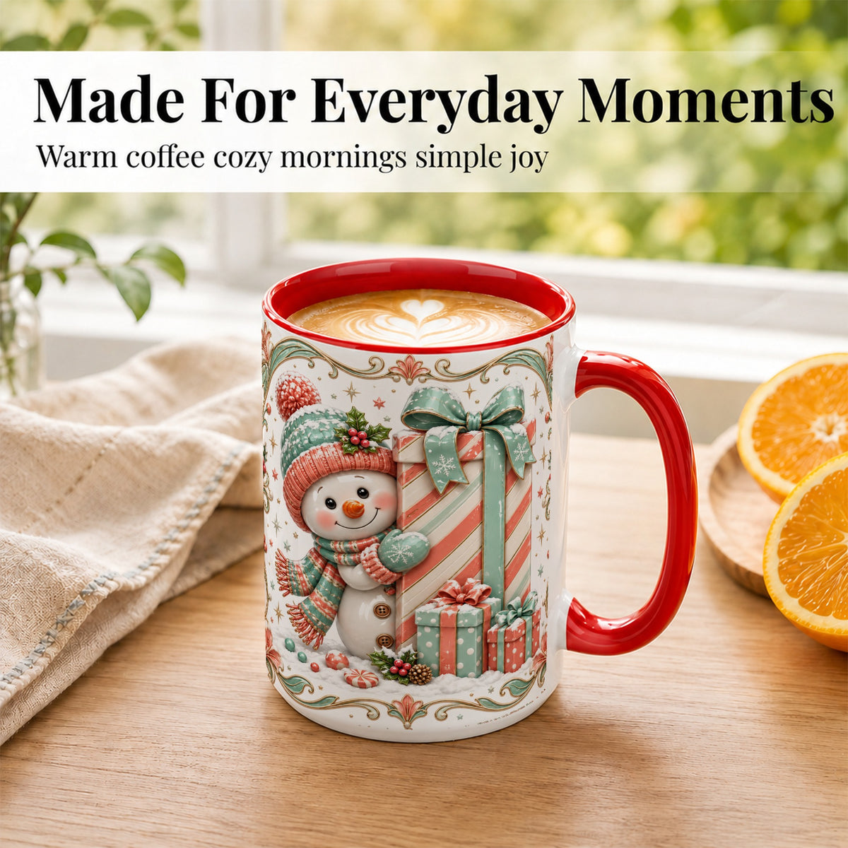 #pl[15oz|Red] Snowman Present Coffee Mug, Christmas Holiday Snowman Mug, Ceramic Cup