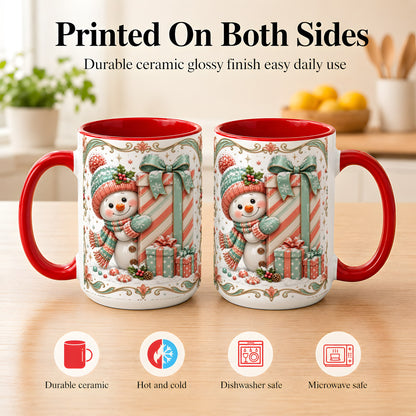 #pl[15oz|Red] Snowman Present Coffee Mug, Christmas Holiday Snowman Mug, Ceramic Cup