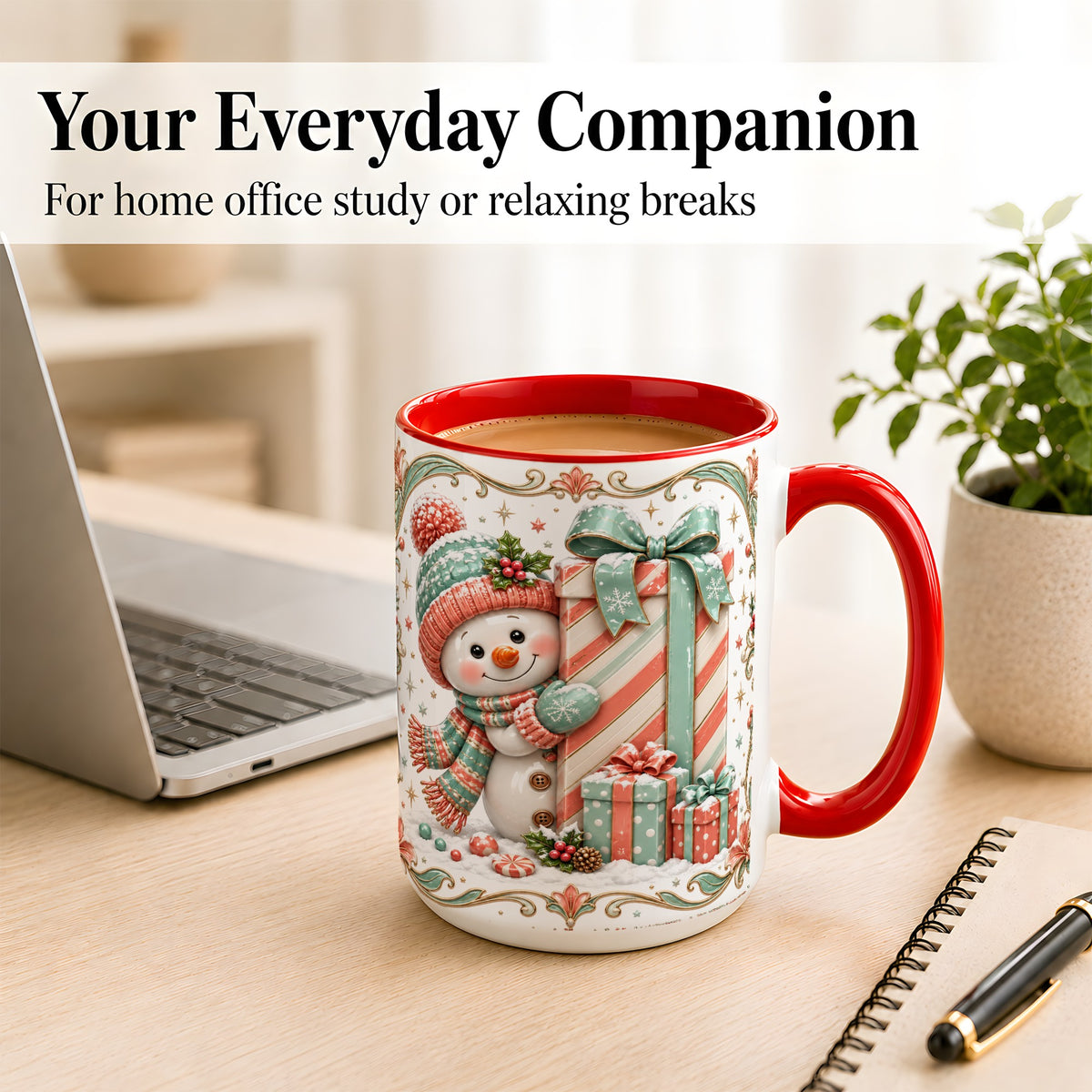 #pl[15oz|Red] Snowman Present Coffee Mug, Christmas Holiday Snowman Mug, Ceramic Cup
