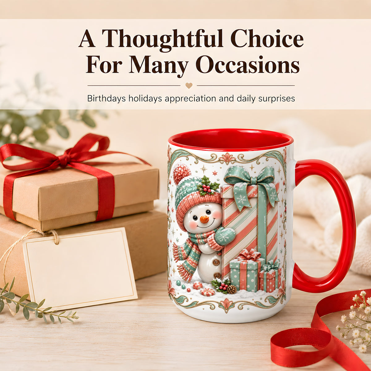 #pl[15oz|Red] Snowman Present Coffee Mug, Christmas Holiday Snowman Mug, Ceramic Cup