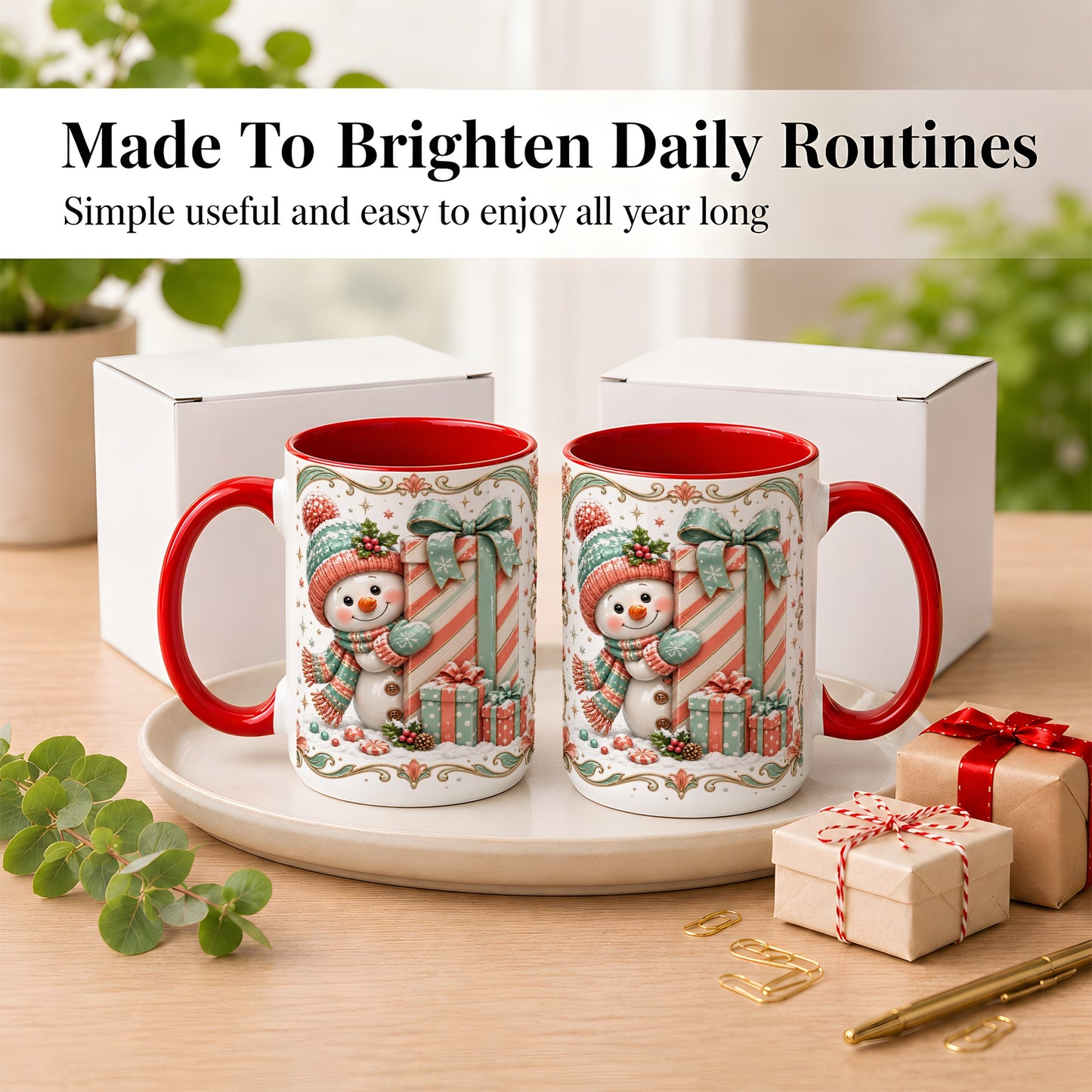 #pl[15oz|Red] Snowman Present Coffee Mug, Christmas Holiday Snowman Mug, Ceramic Cup