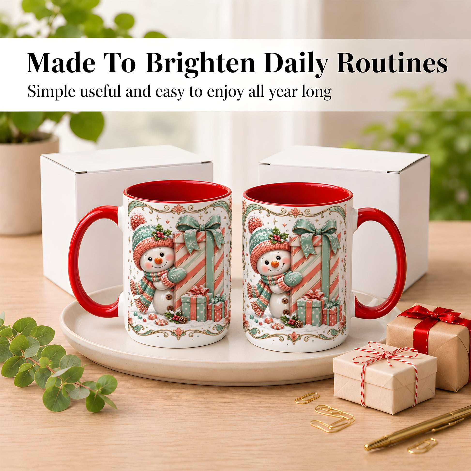 #pl[15oz|Red] Snowman Present Coffee Mug, Christmas Holiday Snowman Mug, Ceramic Cup