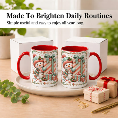 #pl[15oz|Red] Snowman Present Coffee Mug, Christmas Holiday Snowman Mug, Ceramic Cup