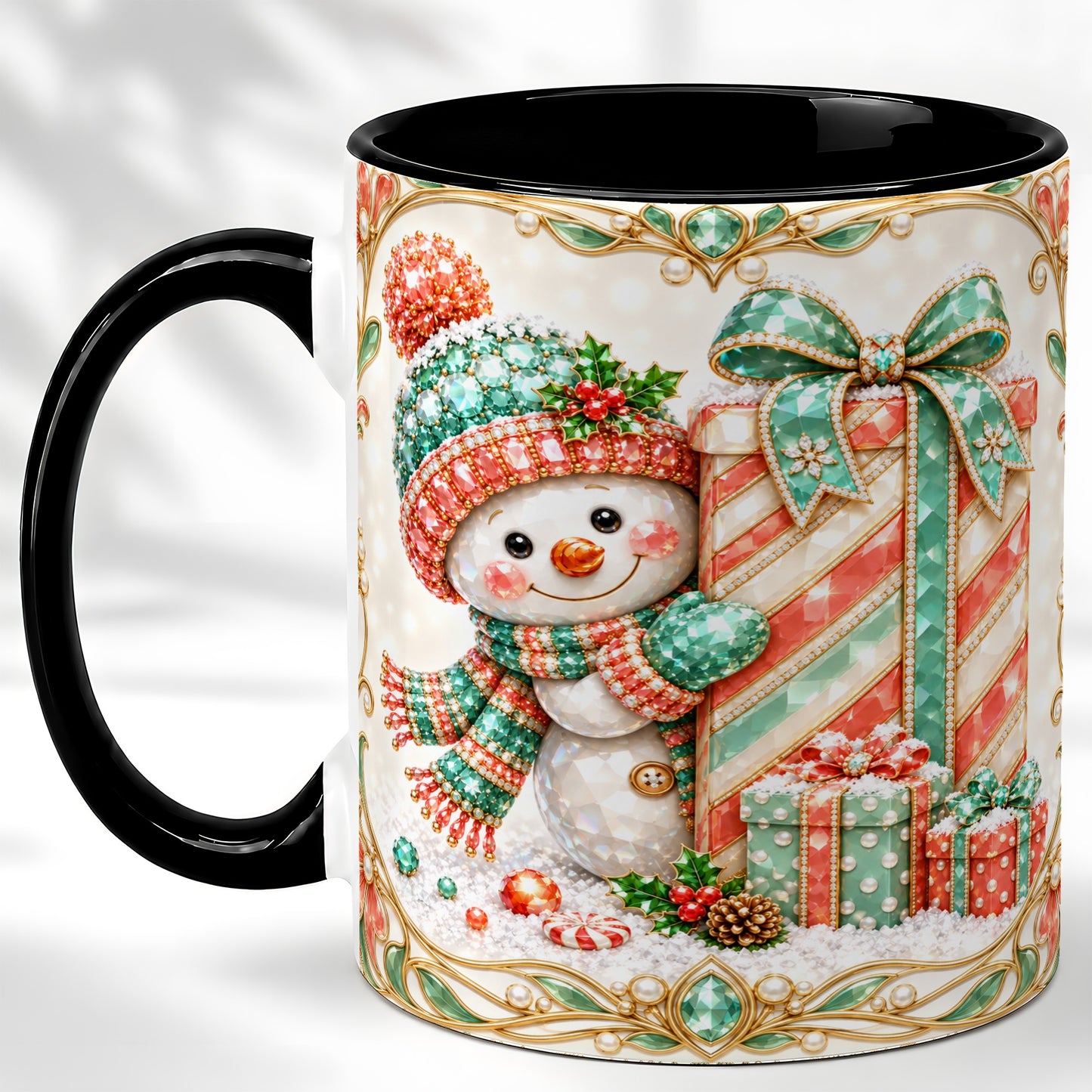 #pl[11oz|Black] Gem Snowman Present Coffee Mug, Christmas Snowman Mug, Ceramic Cup
