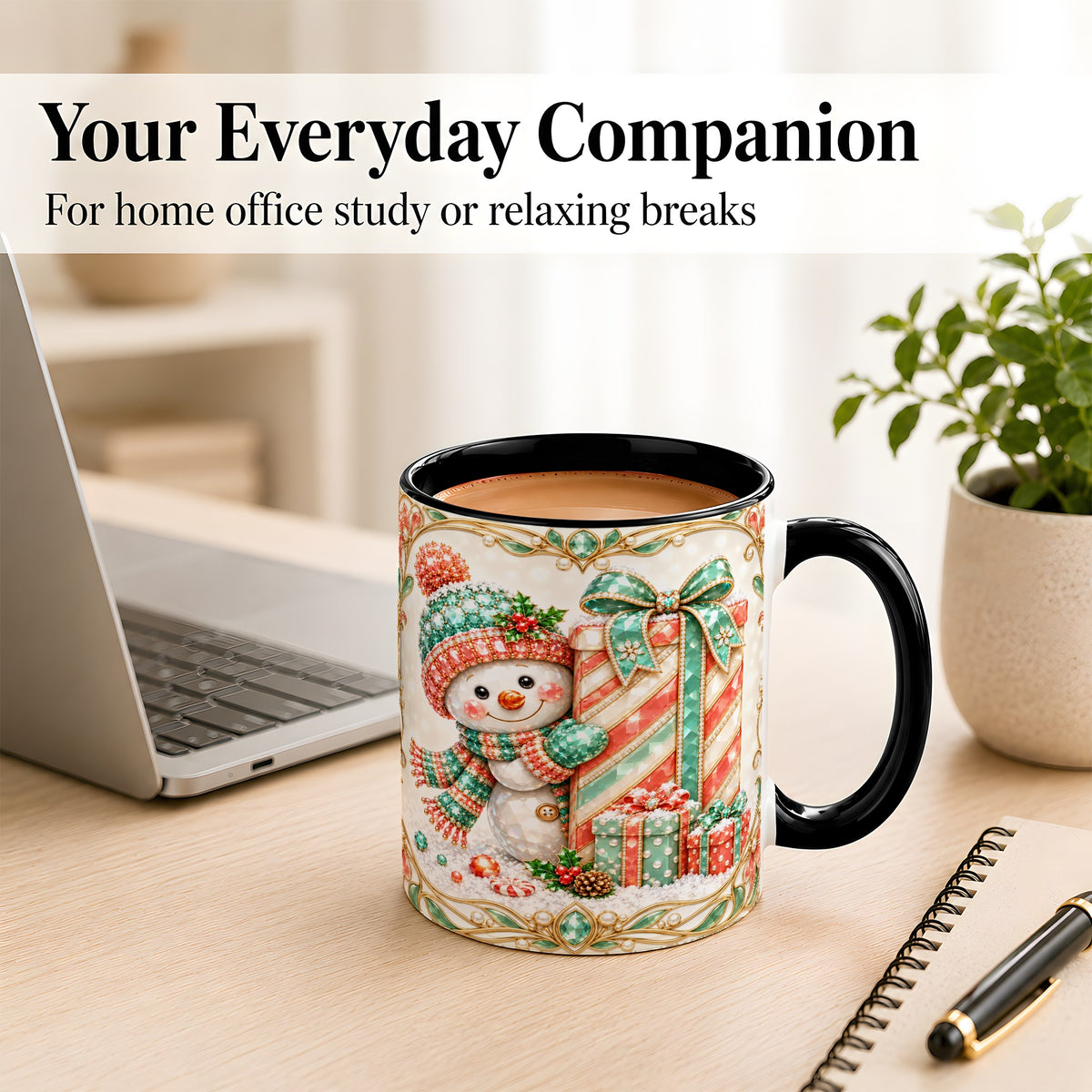 #pl[11oz|Black] Gem Snowman Present Coffee Mug, Christmas Snowman Mug, Ceramic Cup